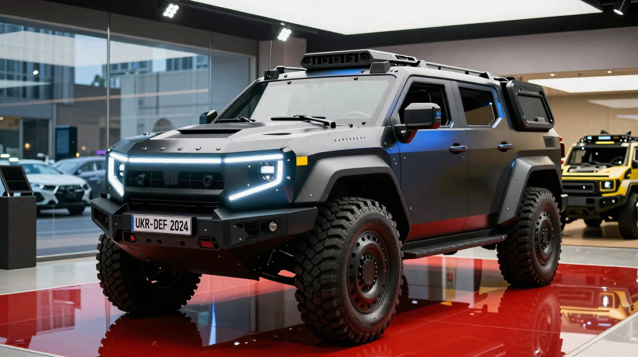 Veículo off-road blindado cinza escuro exibido em salão automotivo com faróis de LED acesos.