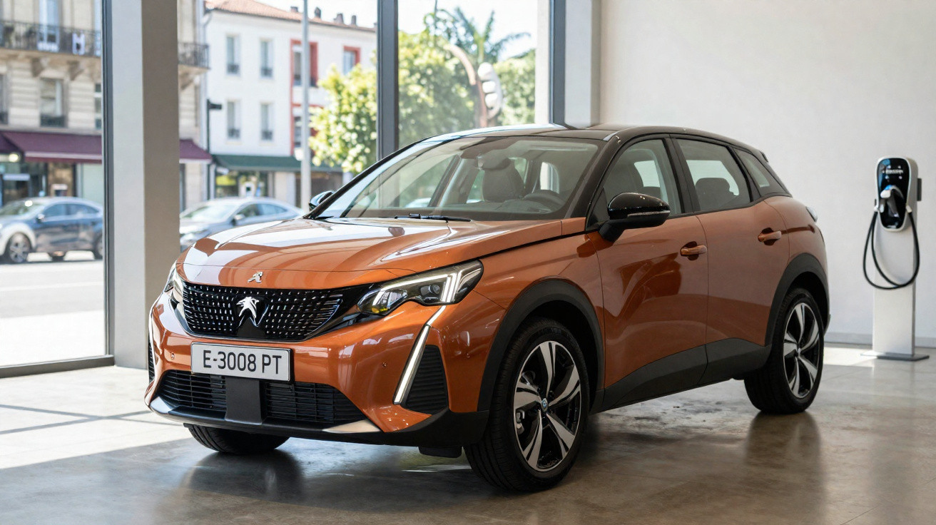 Carro SUV elétrico laranja Peugeot 3008 PT estacionado em showroom com carregador elétrico ao lado.