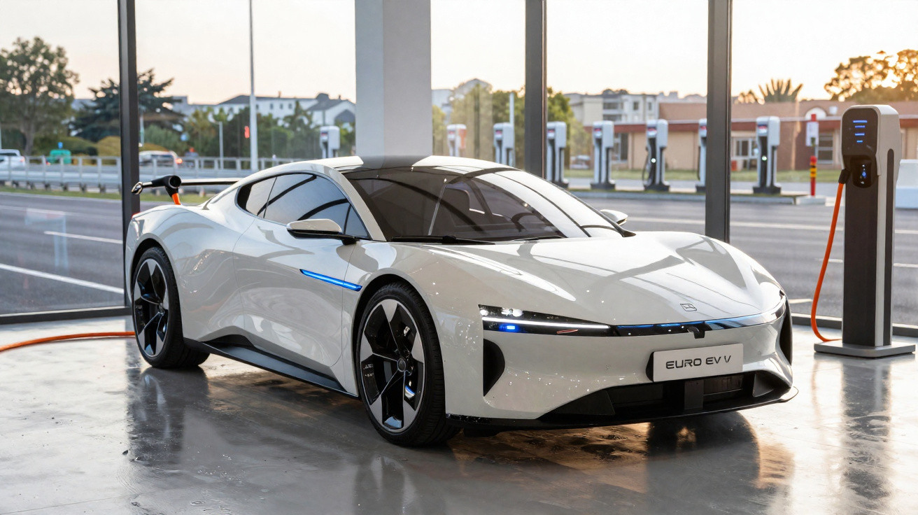 Carro esportivo elétrico branco estacionado em carregador dentro de garagem com janelas grandes.