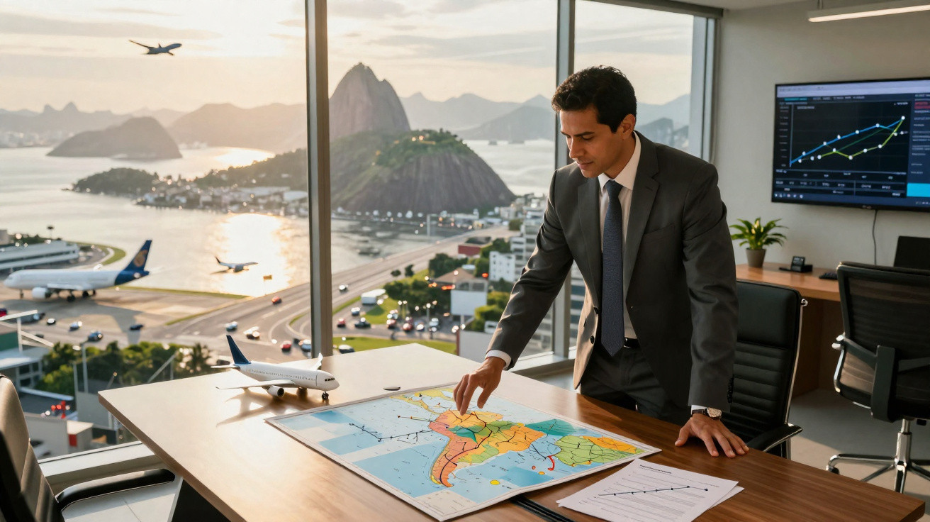 Homem de terno analisa mapa da América do Sul em escritório com vista para aeroporto no Rio de Janeiro.
