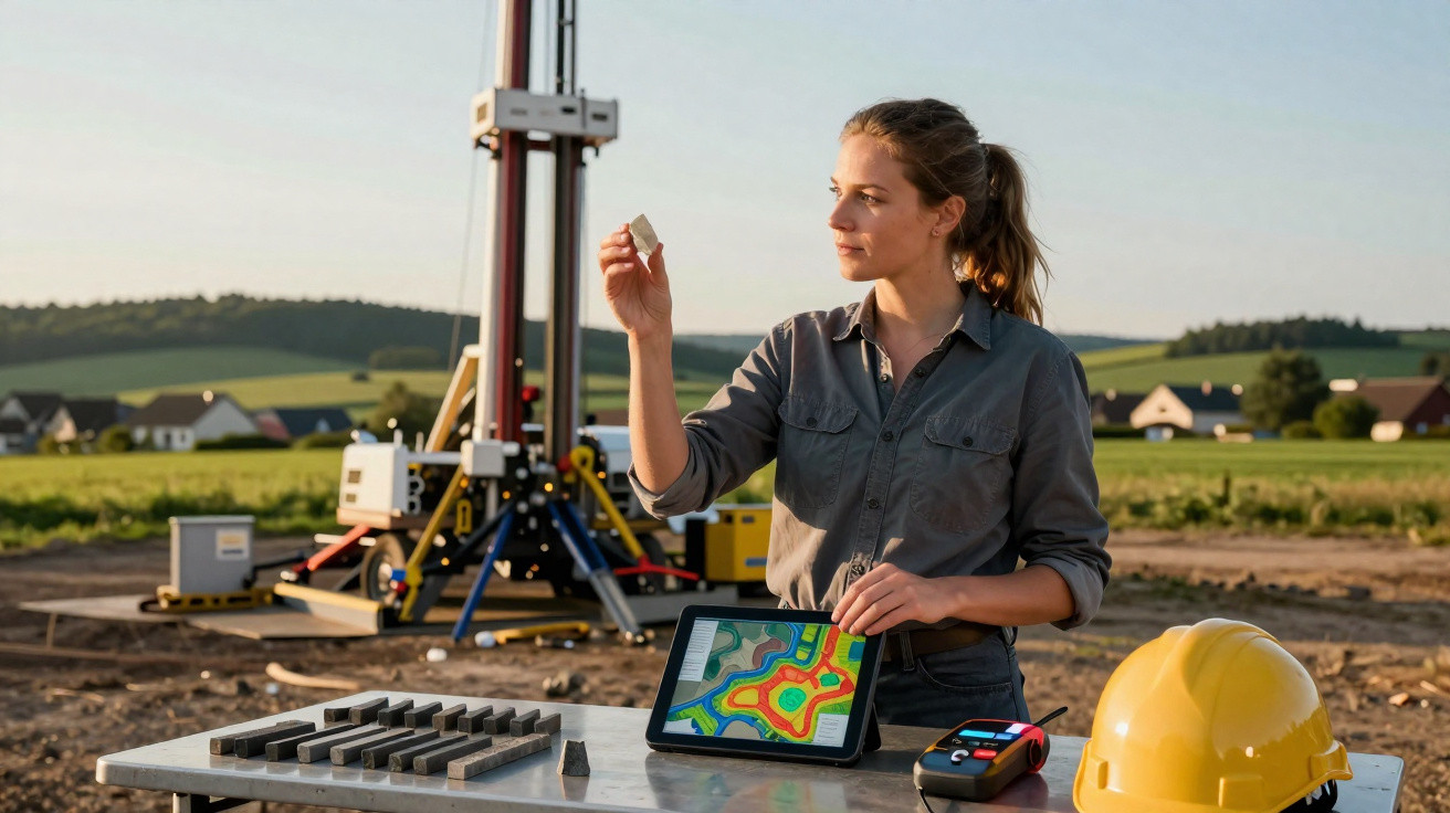 Mulher analisando amostra de solo com equipamento e mapa topográfico em área rural de pesquisa geológica.