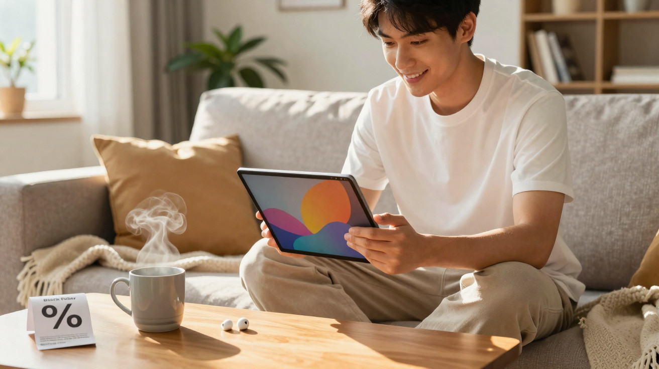 Homem sorridente sentado no sofá usando tablet com café quente sobre a mesa de madeira.