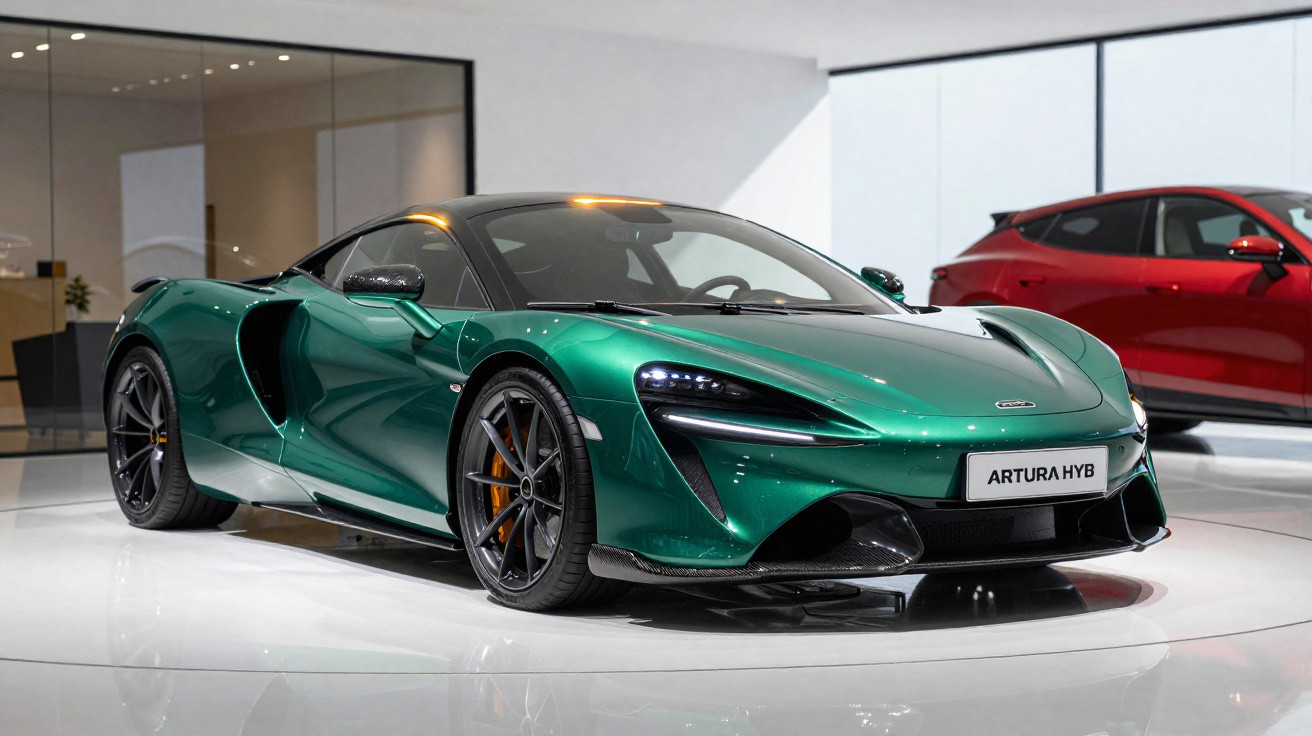 Carro esportivo McLaren Artura HYB verde metálico em showroom moderno com piso branco.