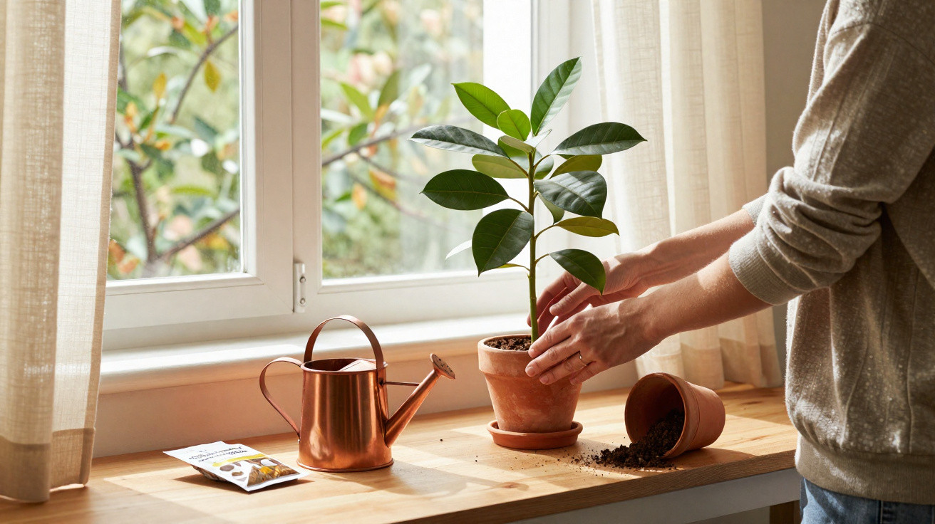 Pessoa cuidando de uma planta em vaso de barro na janela, com regador e saco de sementes ao lado.