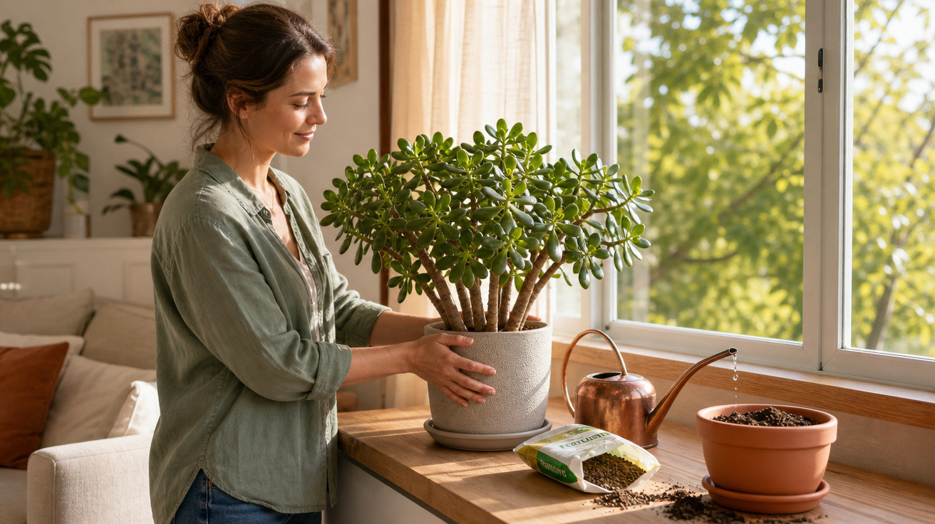 Mulher cuidando de planta suculenta em vaso dentro de casa perto da janela ensolarada.