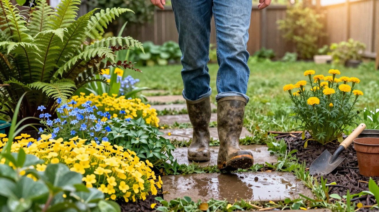 Pessoa com botas de borracha caminhando em caminho de pedra molhada no jardim florido.