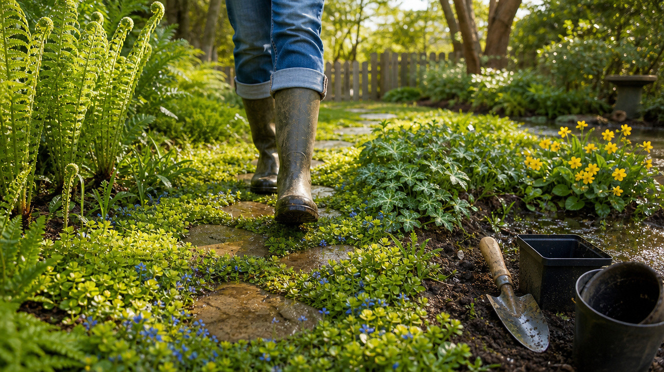 Pessoa usando botas e jeans caminhando por caminho de pedras em jardim florido com ferramentas de jardinagem.
