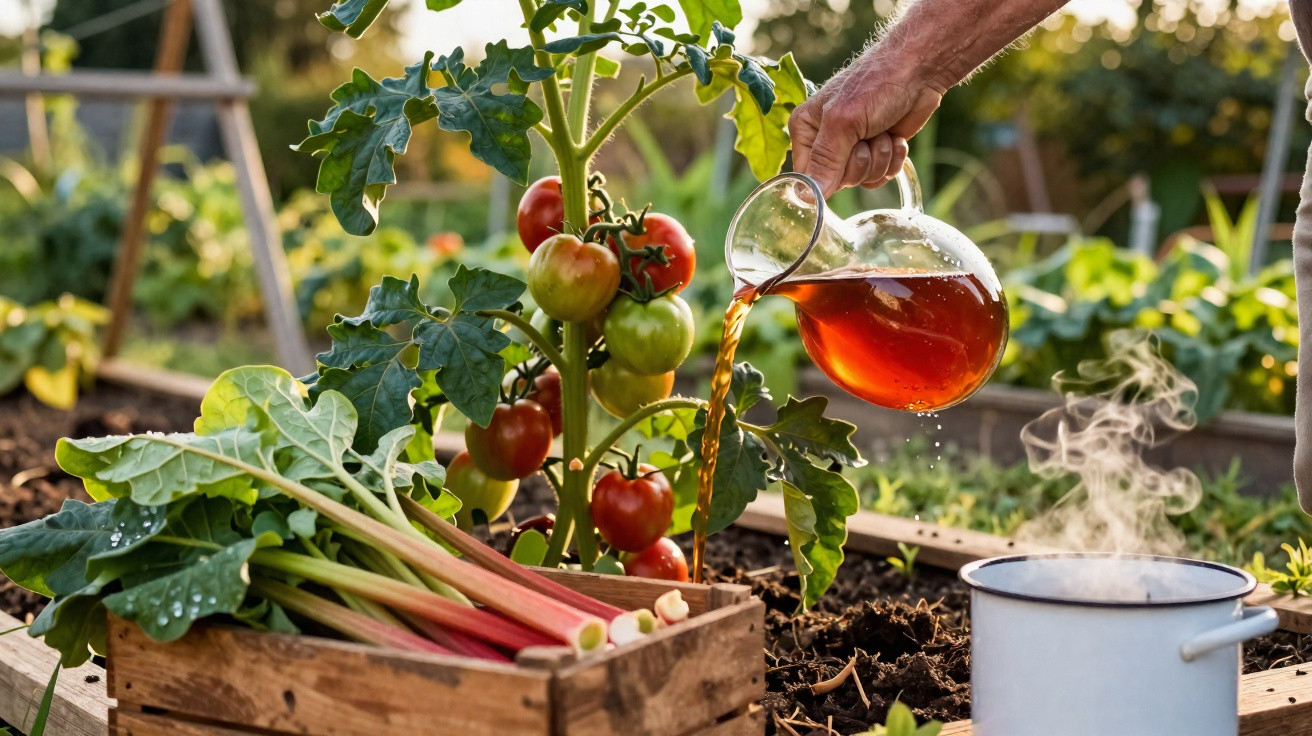 Pessoa regando plantas de tomate com chá em jardim com caixa de rabanete ao lado.