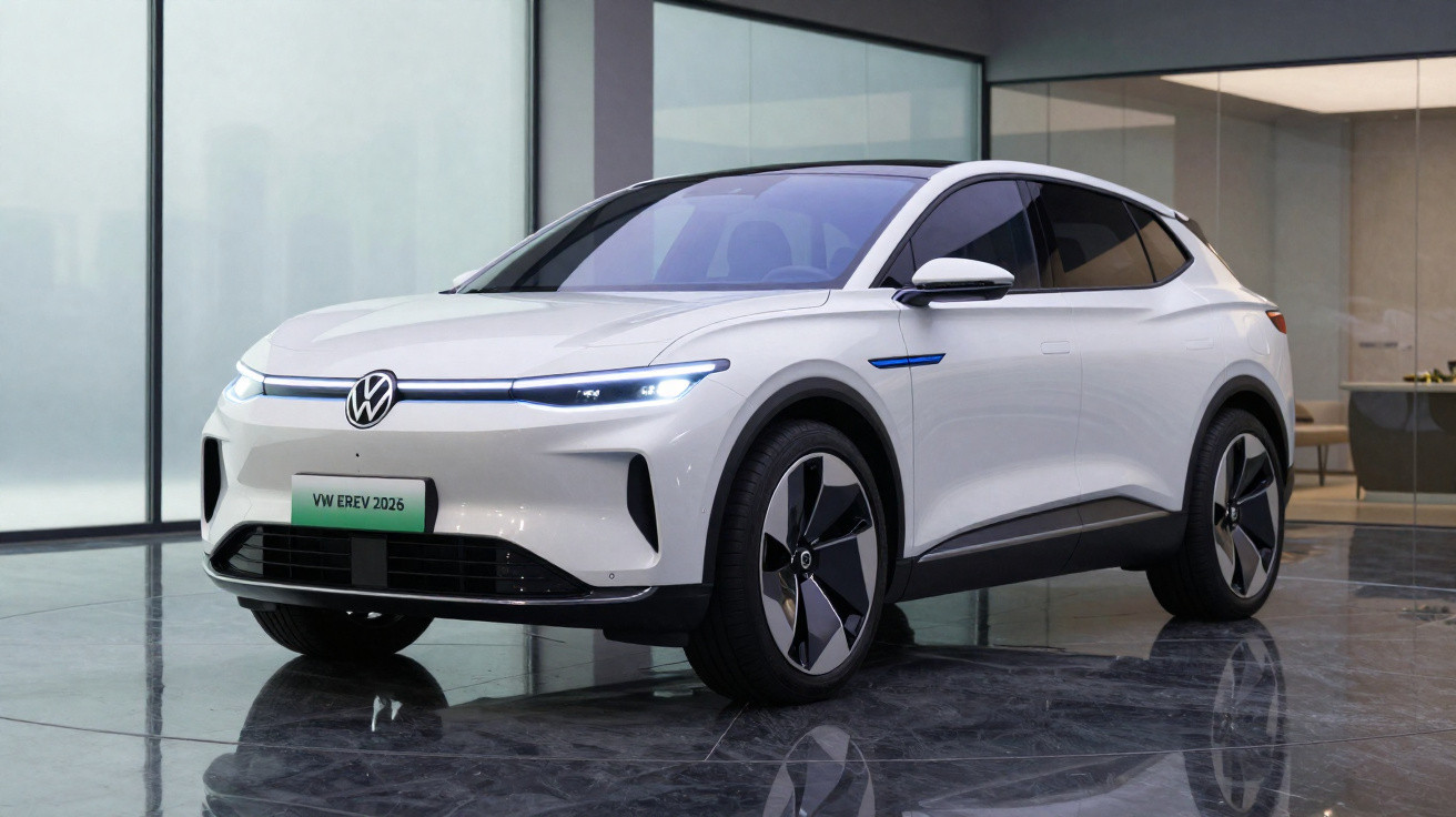 Carro elétrico branco Volkswagen EREV 2026 exibido em ambiente moderno com piso refletivo.