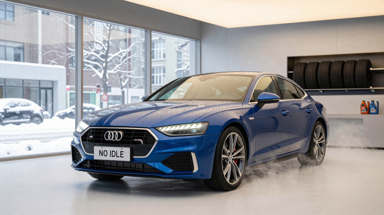 Carro azul Audi sedan estacionado em ambiente interno com névoa no chão e pneus ao fundo.