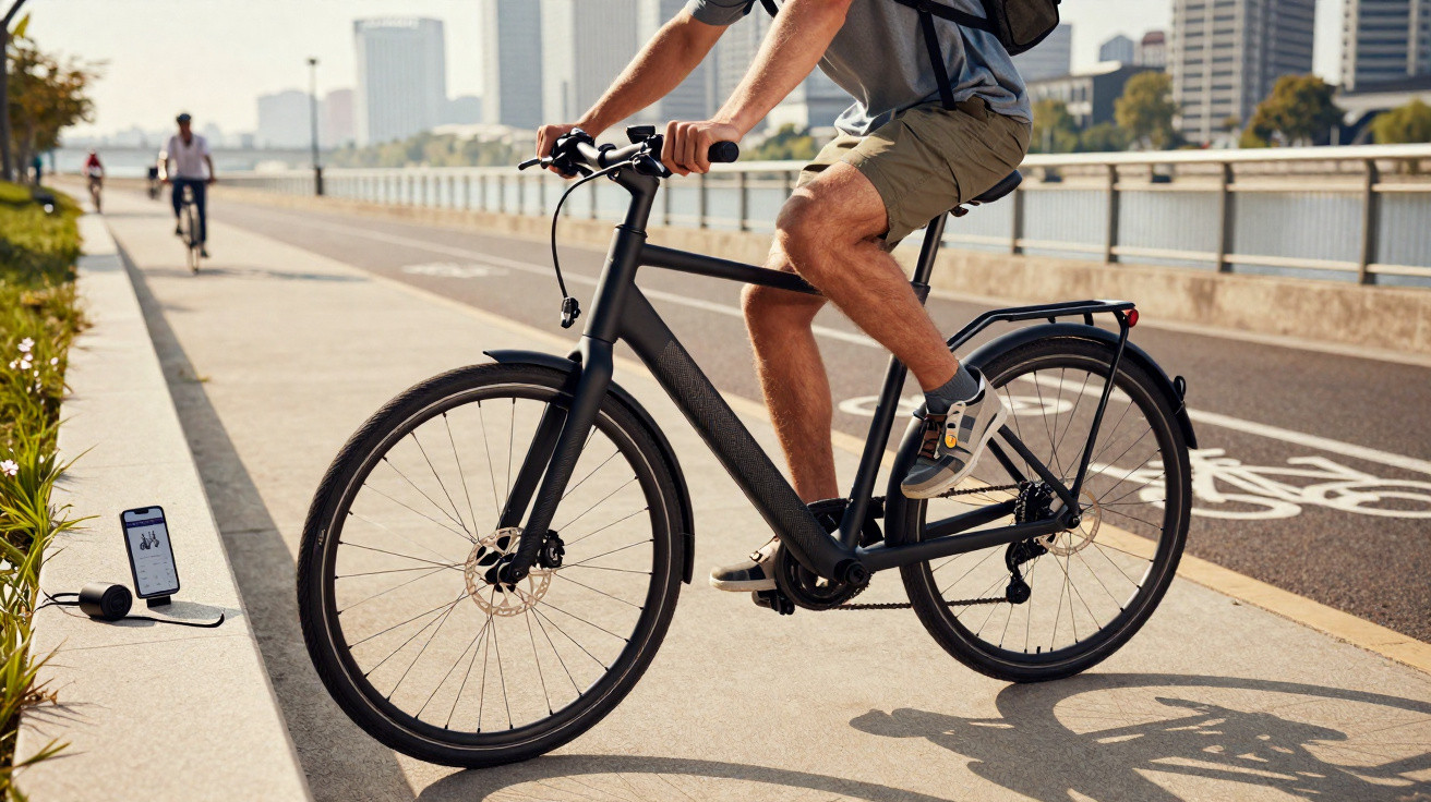 Pessoa pedalando bicicleta preta em ciclovia urbana ao lado de rio e prédios altos ao fundo.