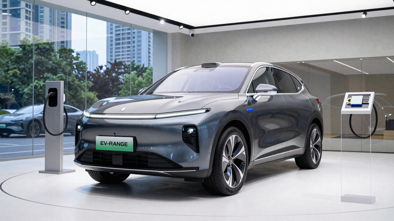 Carro elétrico cinza escuro estacionado em showroom moderno, conectado a ponto de recarga.