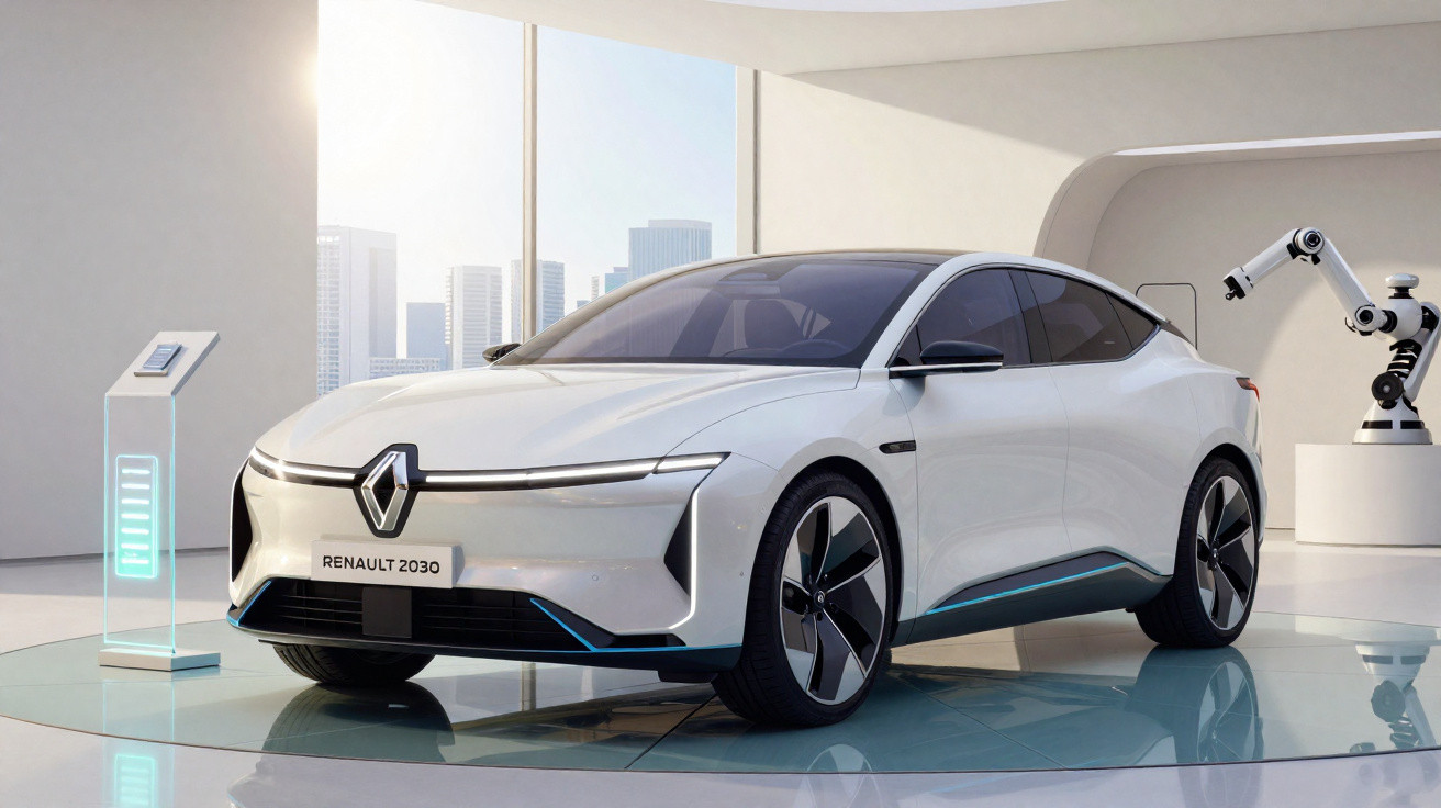 Carro conceito elétrico Renault 2030 branco em ambiente moderno com painel de carregamento e braço robótico.