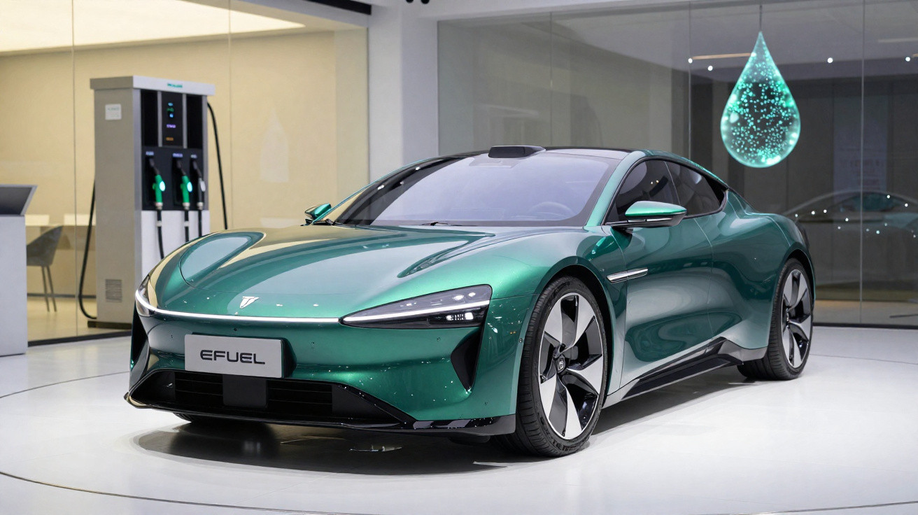Carro esportivo elétrico verde metálico em exposição moderna com carregador de energia ao fundo.