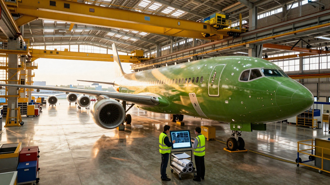 Avião verde em hangar com dois trabalhadores analisando projetos em frente à aeronave.