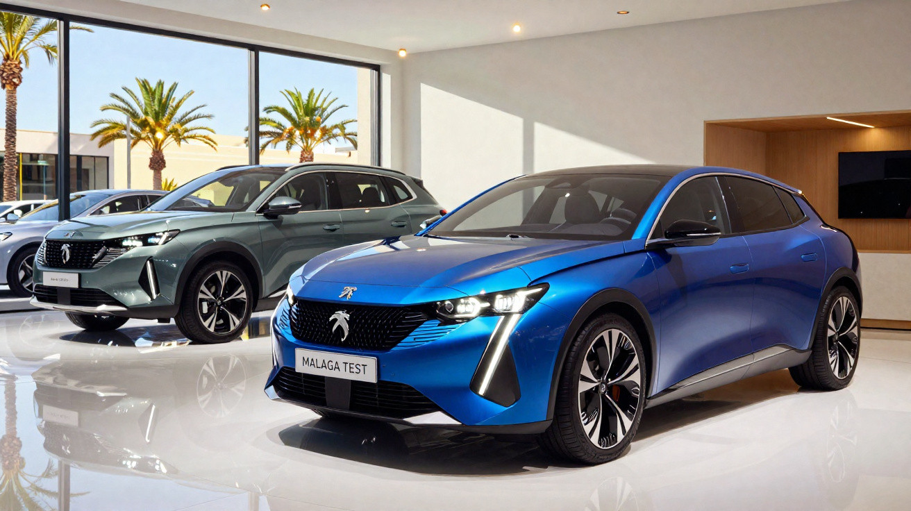 Dois carros modernos azul e cinza em exposição em showroom com janelas grandes e iluminação natural.