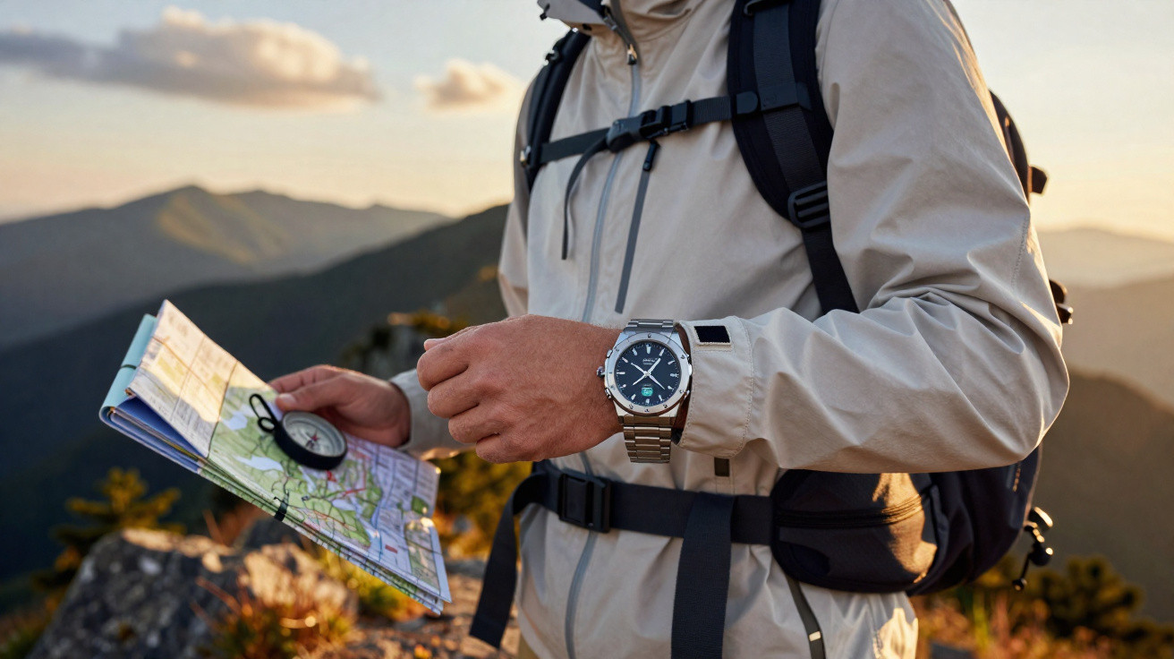 Pessoa com mochila segura mapa e bússola em trilha de montanha ao pôr do sol.