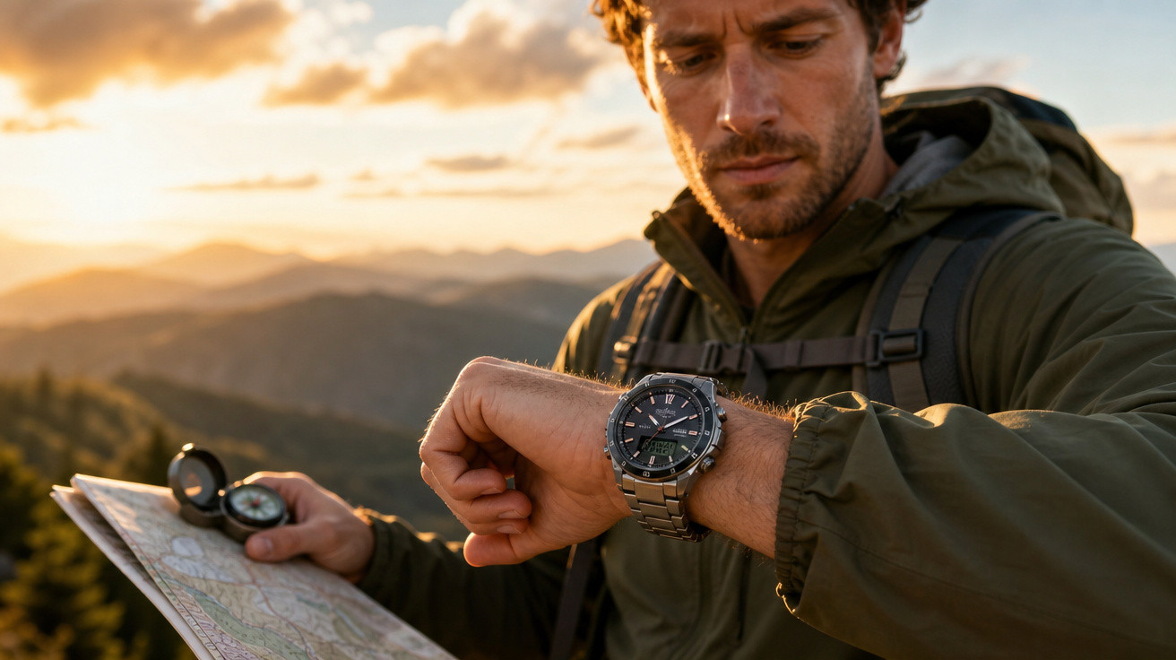 Homem com jaqueta verde checando o relógio enquanto segura mapa e bússola em paisagem montanhosa ao pôr do sol.