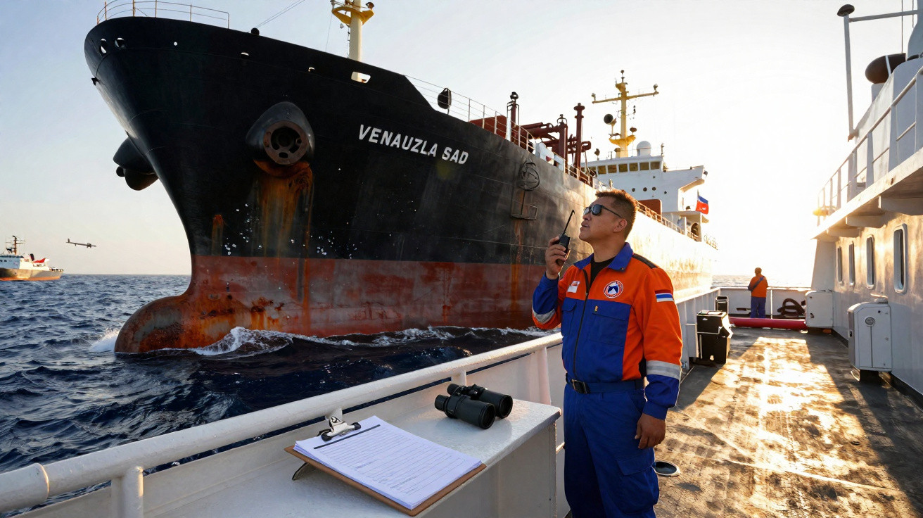 Homem em uniforme comunica-se pelo rádio próximo a navio cargueiro grande no mar ao entardecer.