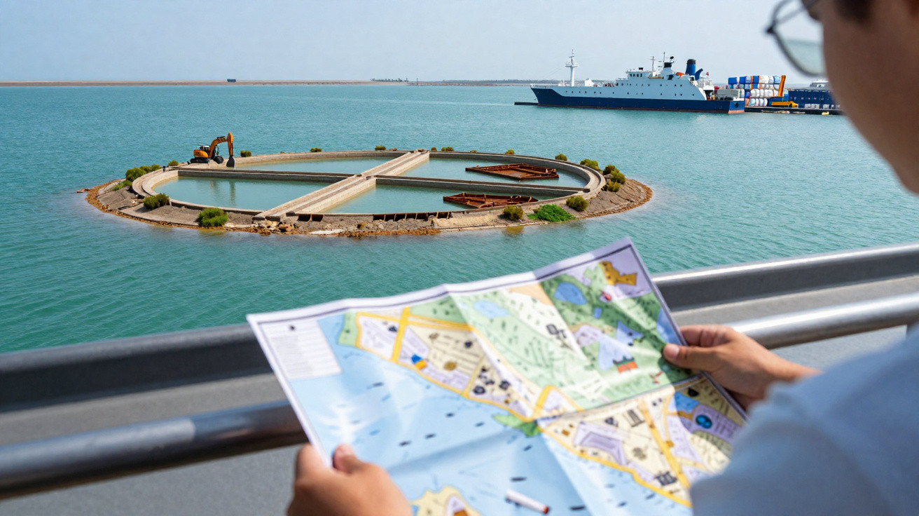 Pessoa segurando mapa em frente a um corpo d'água com estrutura circular e navio ao fundo.