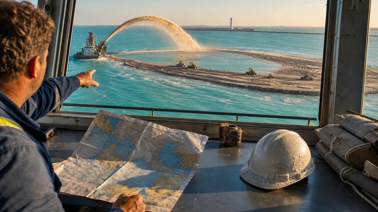 Homem observa construção de ilha artificial no mar com mapas e capacete em mesa à sua frente.