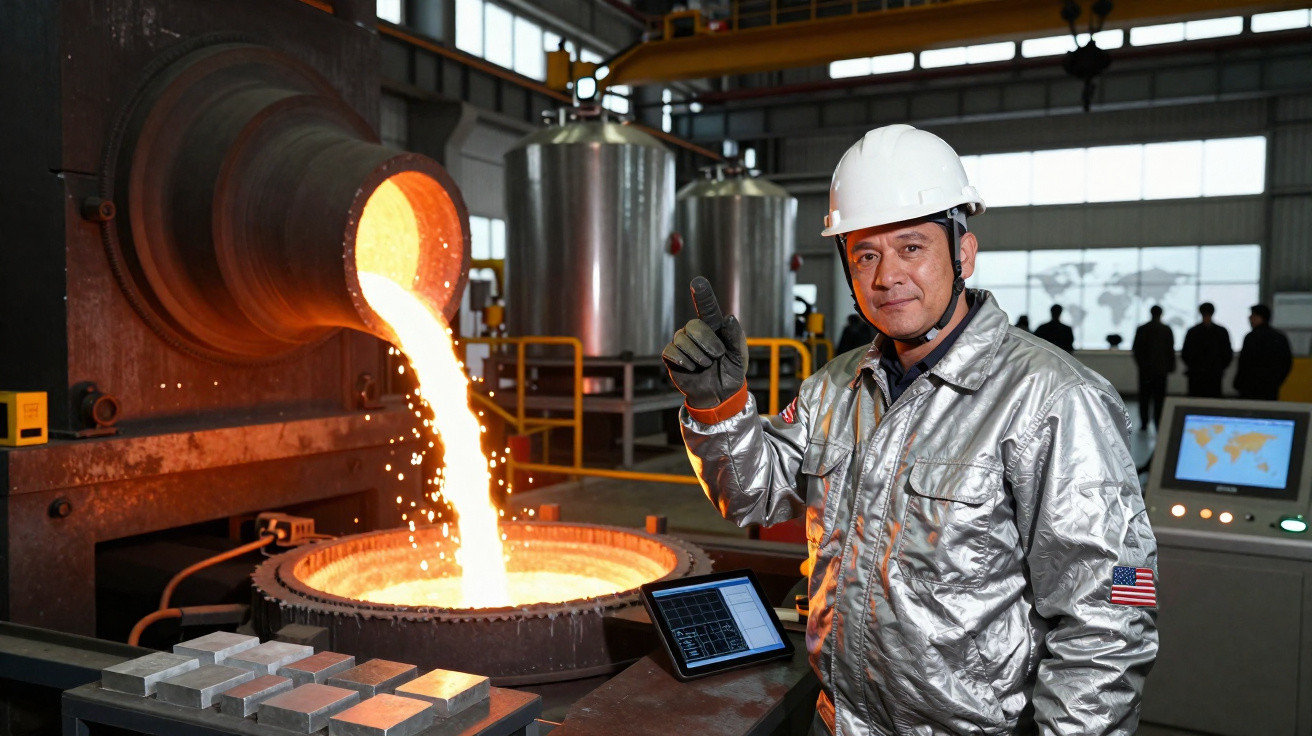 Trabalhador com capacete e roupa térmica aponta para metal fundido sendo derramado em fundição industrial.