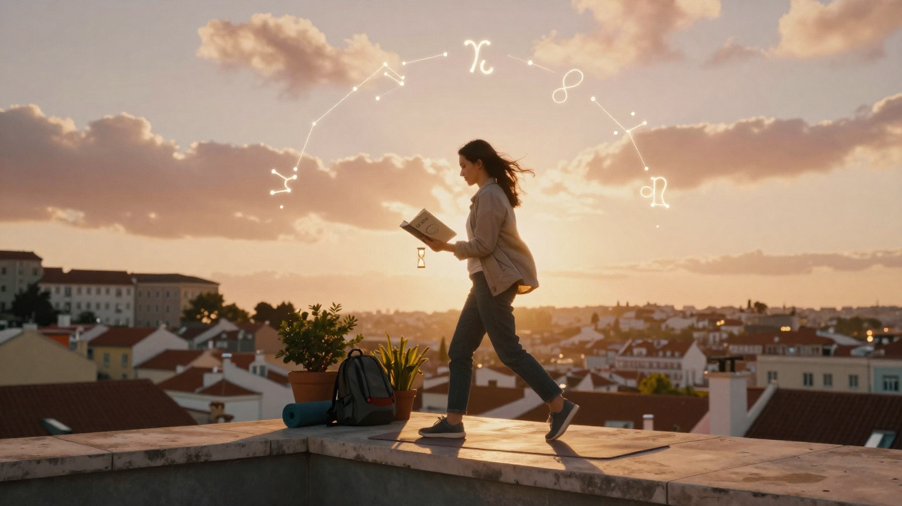 Mulher lendo livro ao pôr do sol no terraço, cercada por símbolos do zodíaco no céu.