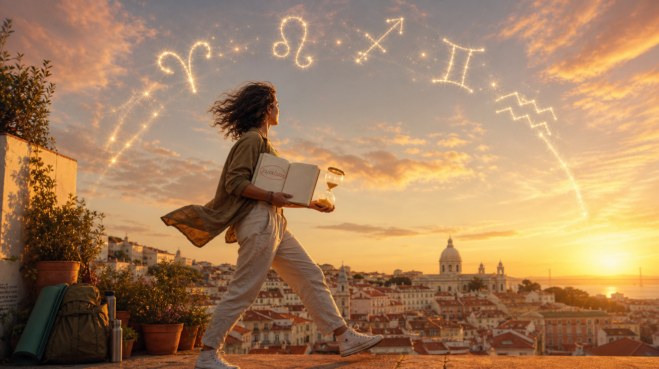 Mulher segurando ampulheta e livro com signos zodiacais no céu ao pôr do sol sobre cidade histórica.