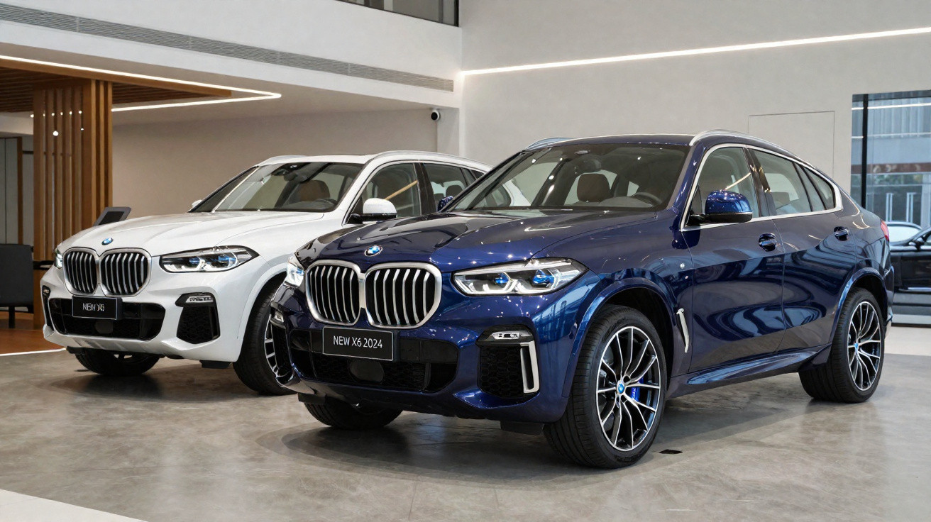 Dois carros BMW X6 2024, um branco e outro azul, em exposição em showroom moderno.