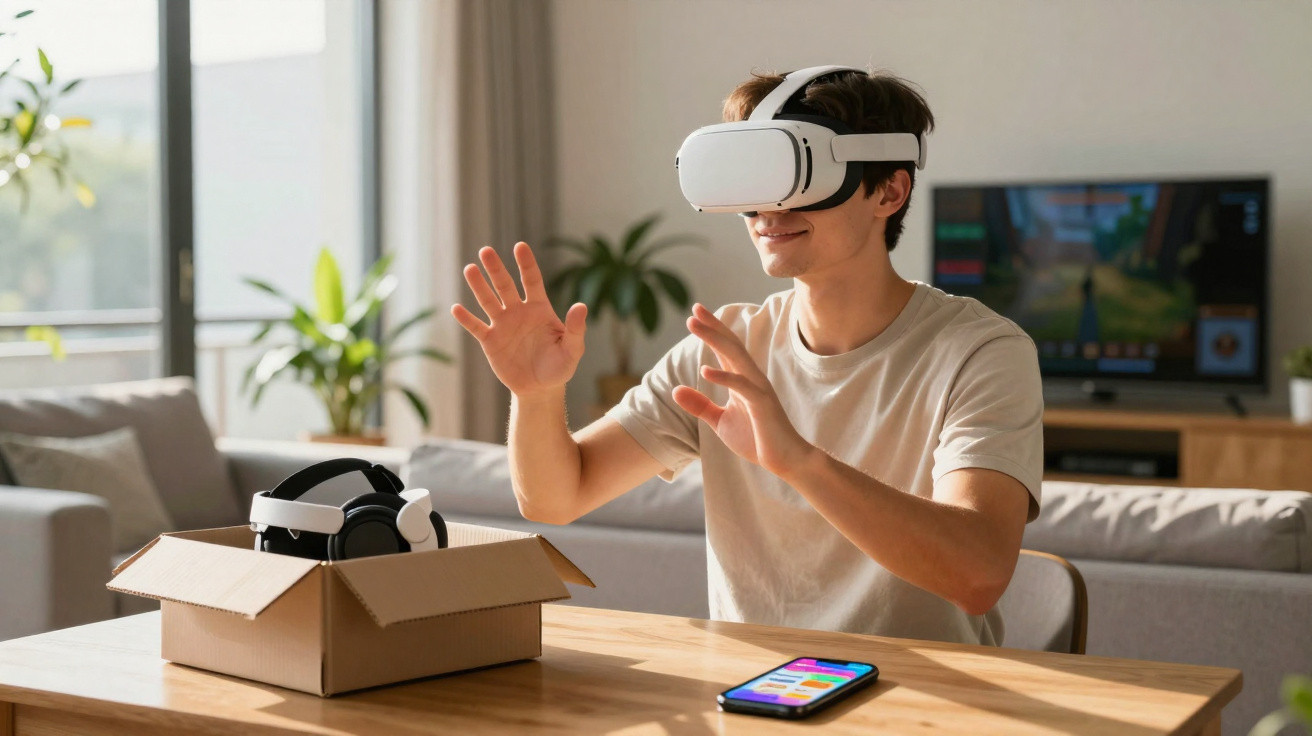 Jovem usando óculos de realidade virtual em casa, gesticulando enquanto interage com o ambiente virtual.