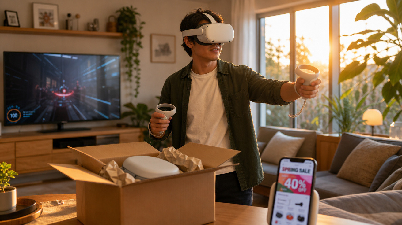 Jovem usando óculos de realidade virtual e controles, interagindo em sala de estar iluminada ao pôr do sol.