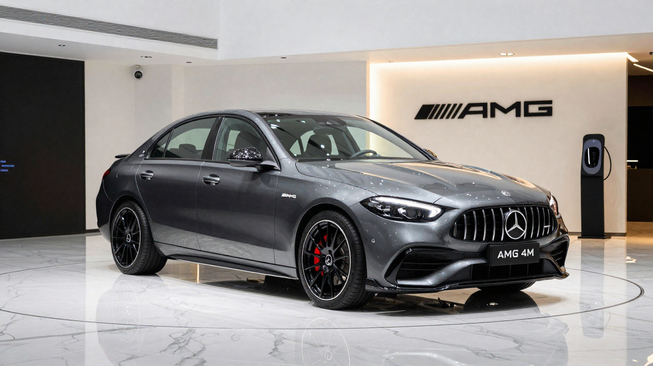 Carro esportivo cinza Mercedes-Benz AMG 4M sedan em exposição em ambiente interno moderno.