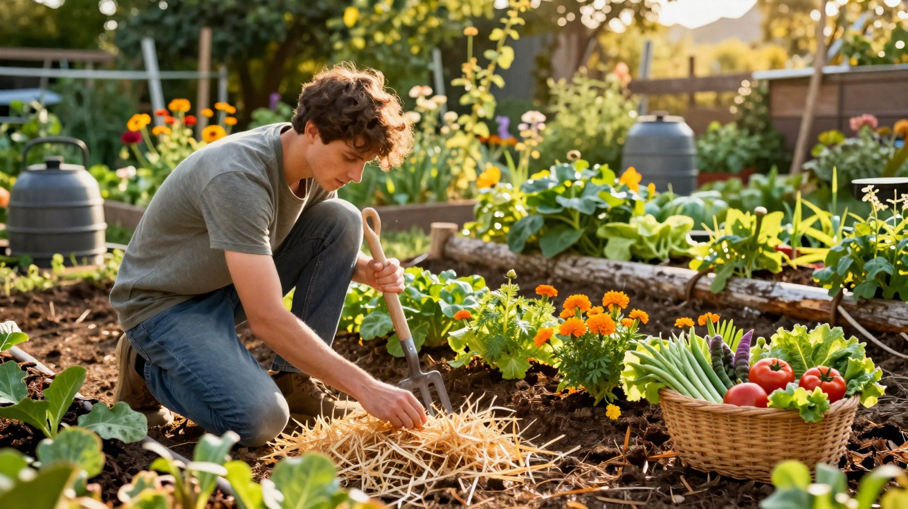 Jovem cuidando da horta, preparando o solo com garfo de mão entre flores e hortaliças.