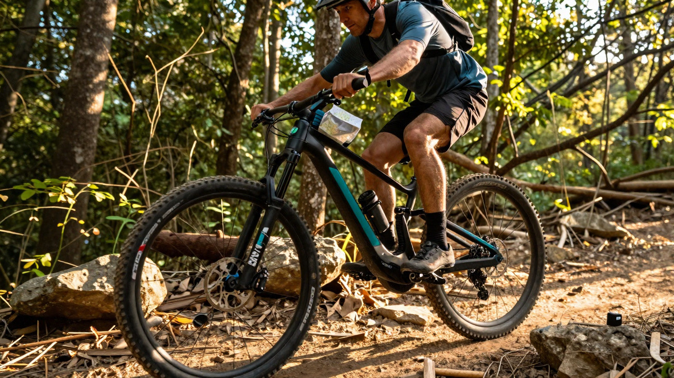 Homem pedalando bicicleta de montanha em trilha de terra cercada por árvores e pedras.