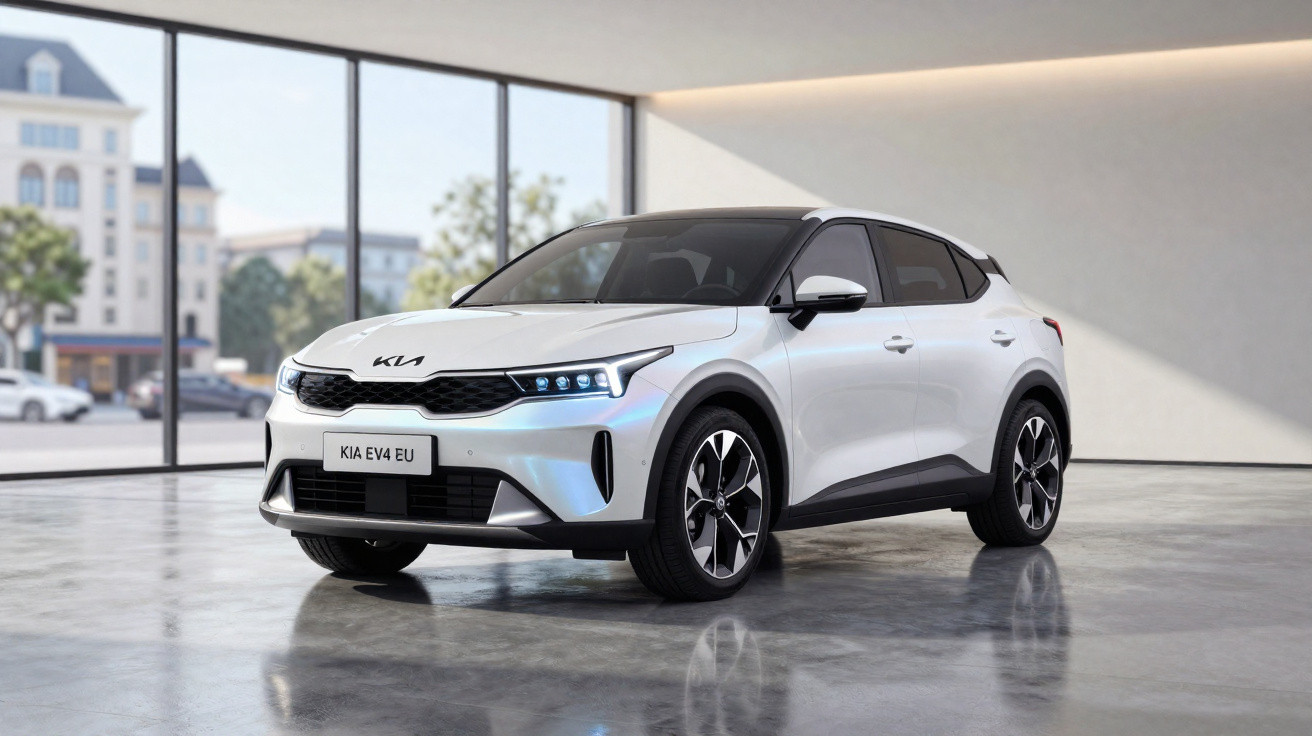 Carro elétrico Kia EV4 branco exibido em showroom moderno com janelas amplas e piso refletivo.