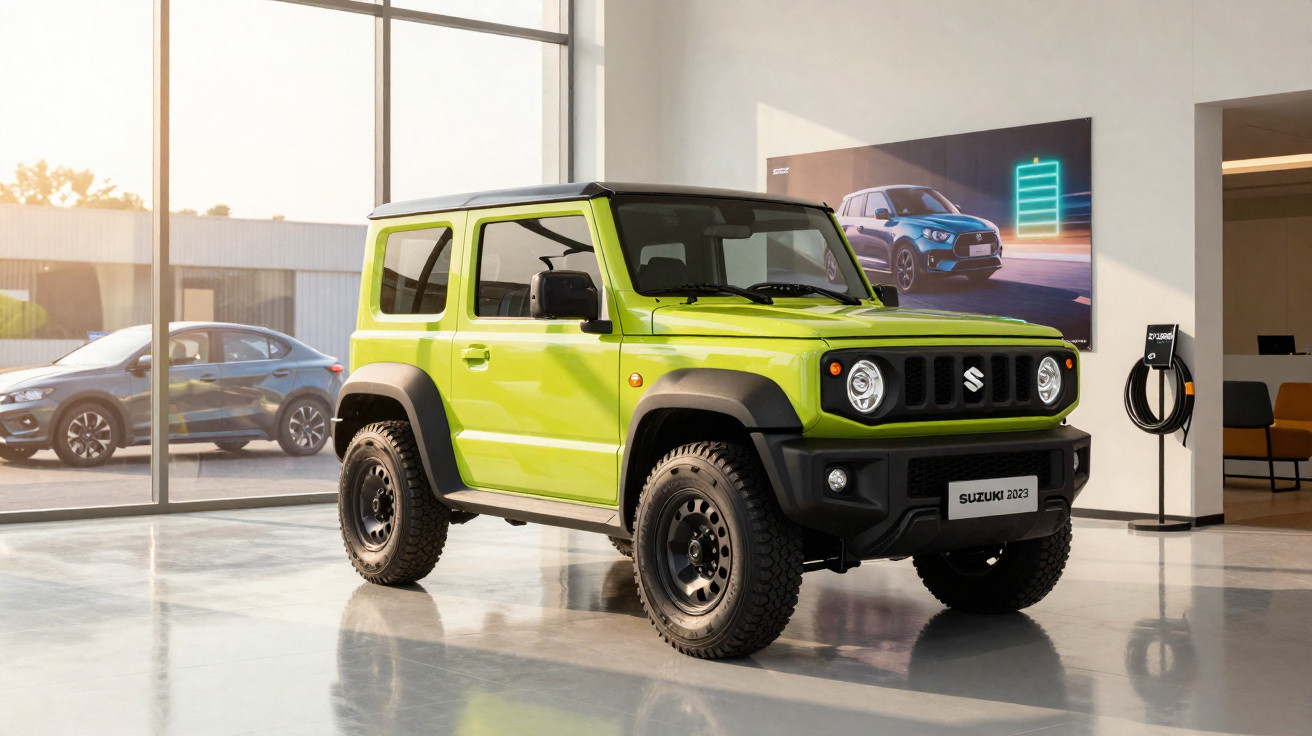 Jeep verde claro Suzuki 2023 exibido em showroom com grandes janelas e piso reflexivo.