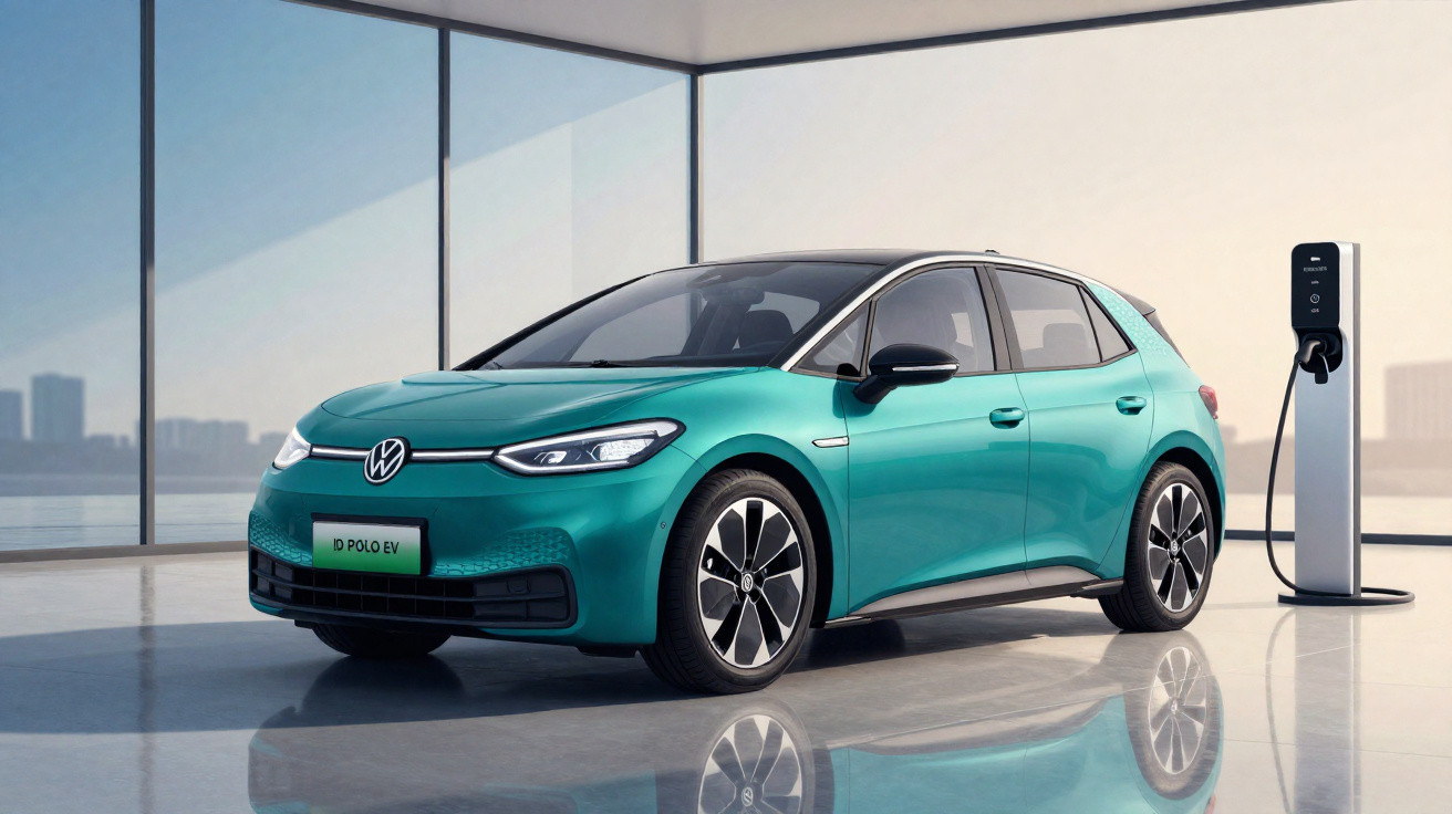 Carro elétrico Volkswagen ID. Polo EV azul carregando em estação de recarga interna com vidro ao fundo.
