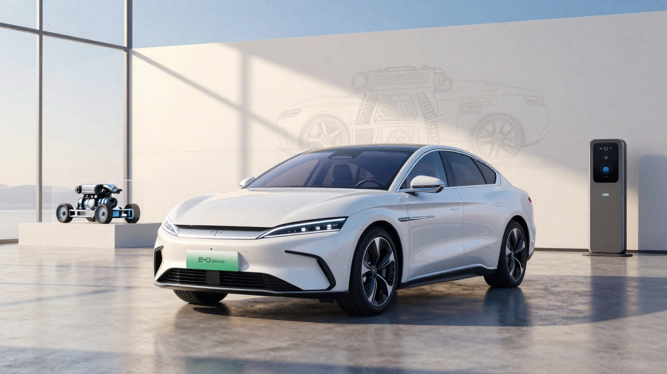 Carro elétrico branco estacionado em ambiente interno moderno com luz natural e carregador elétrico ao fundo.