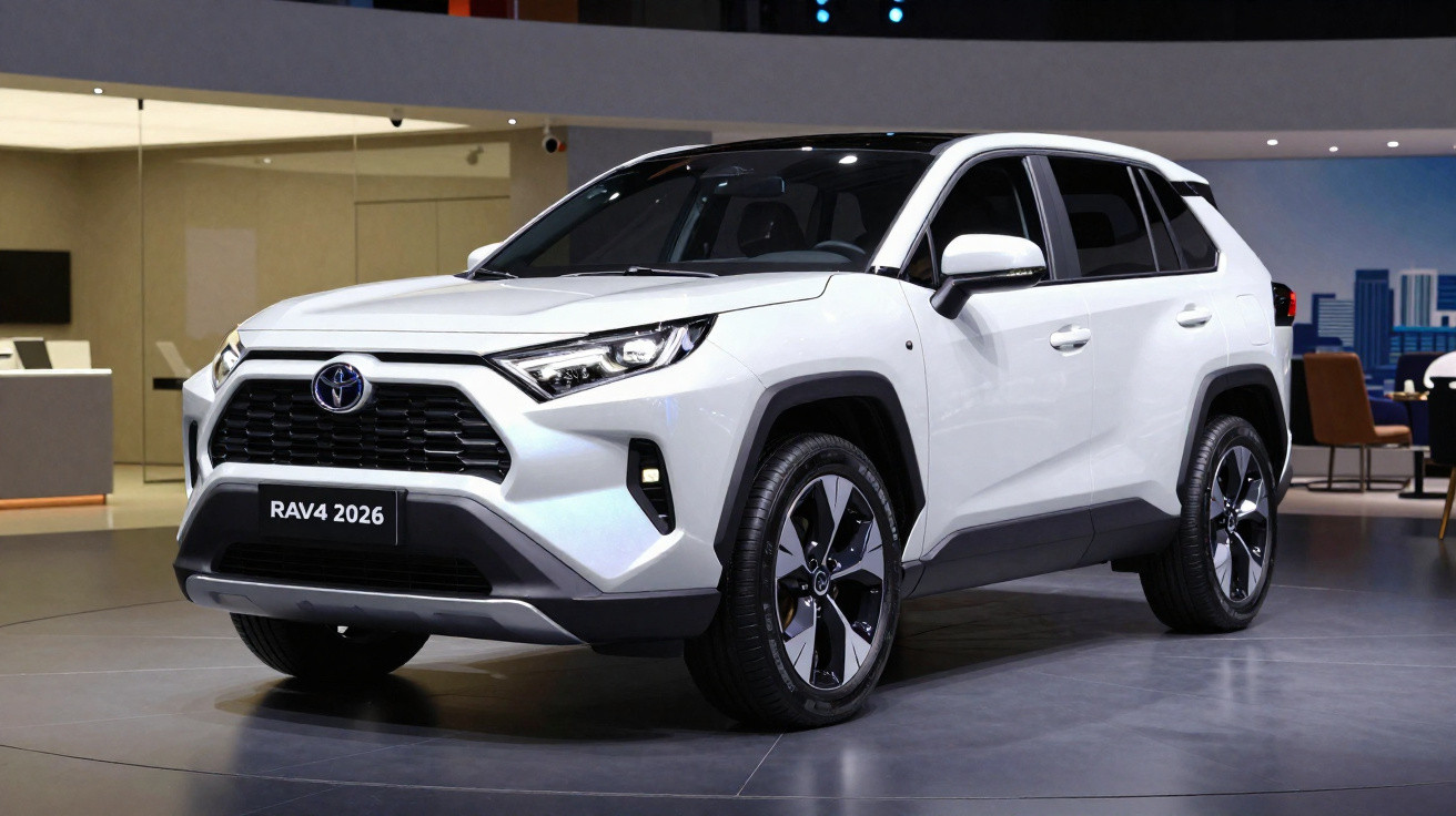 SUV branco Toyota RAV4 2026 exibido em ambiente interno com iluminação artificial.