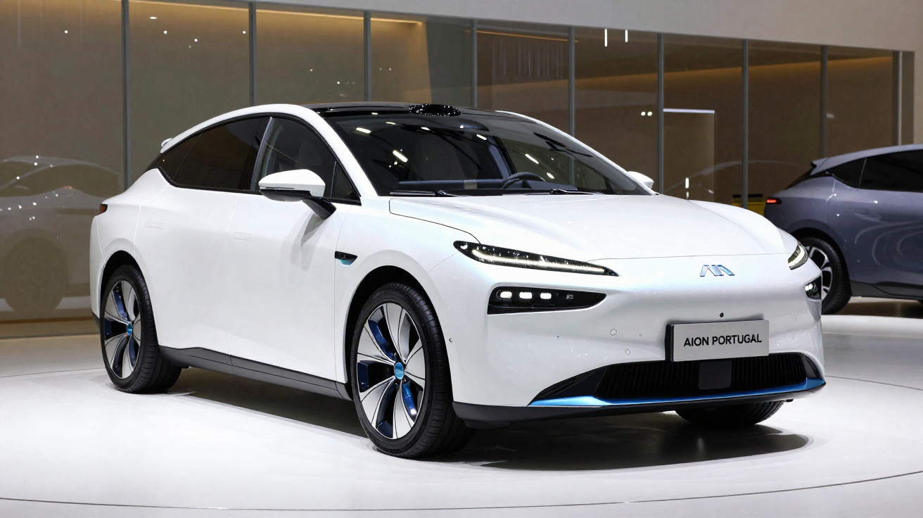 Carro elétrico branco Aion Portugal exibido em showroom moderno e iluminado.