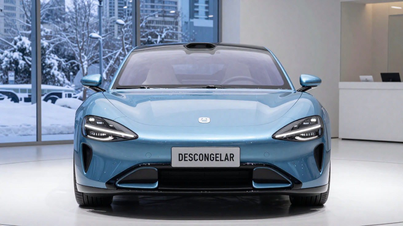 Carro elétrico azul claro em expositor interno com neve e edifícios ao fundo pela janela.