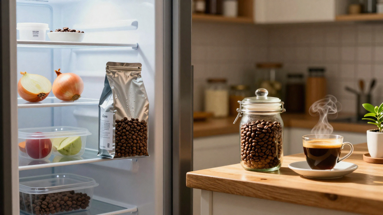 Geladeira aberta com grãos de café, cebolas e vegetais; mesa com pote de café e xícara fumegante.