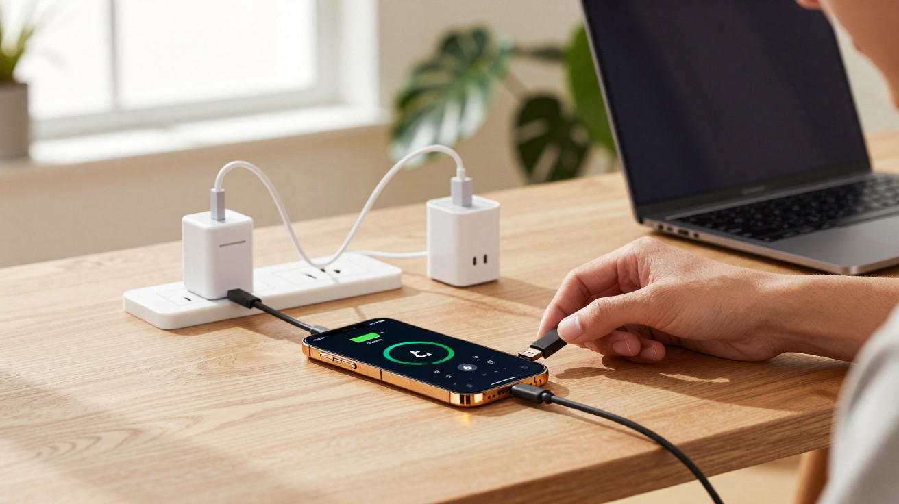 Pessoa conectando cabo USB para carregar smartphone sobre mesa de madeira com laptop ao fundo.
