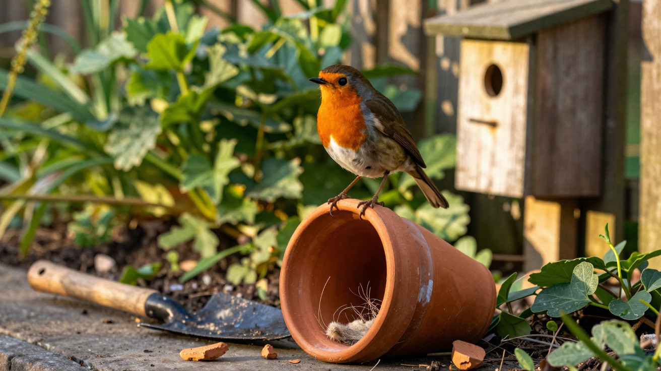 Pássaro com peito vermelho pousado em vaso de barro tombado em jardim com pá e casa de passarinho ao fundo.