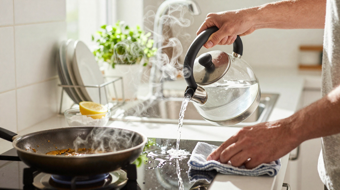 Pessoa despejando água quente de chaleira em fogão enquanto uma frigideira fuma em cozinha iluminada.