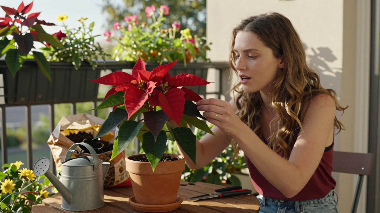 Mulher cuidando de uma planta de flor-poinsettia em vaso na varanda ensolarada.