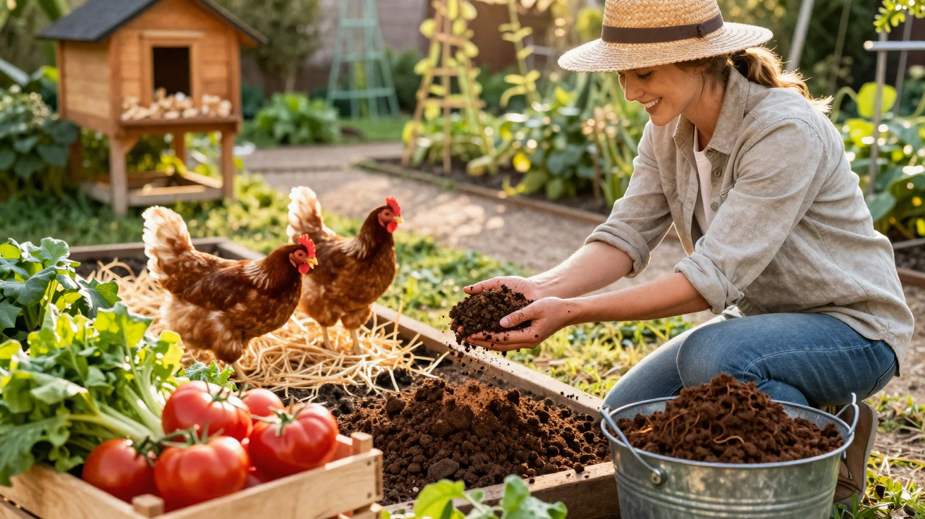 Mulher sorrindo trabalha com terra em horta, com galinhas e vegetais ao redor em dia ensolarado.