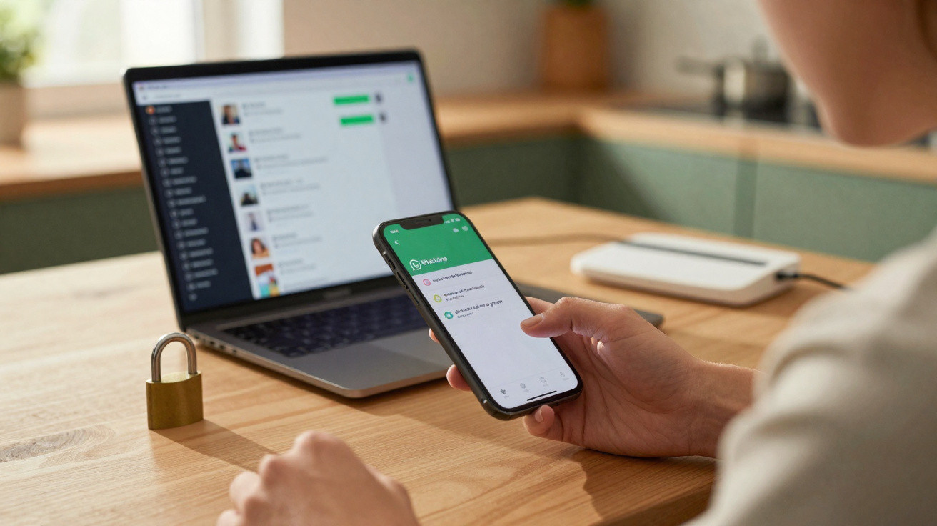 Pessoa segurando celular com WhatsApp aberto, ao lado de laptop e cadeado sobre mesa de madeira.