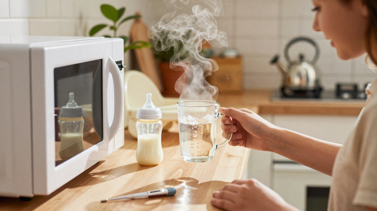 Pessoa segurando xícara com água quente e vapor na cozinha, próximo a micro-ondas e mamadeira.