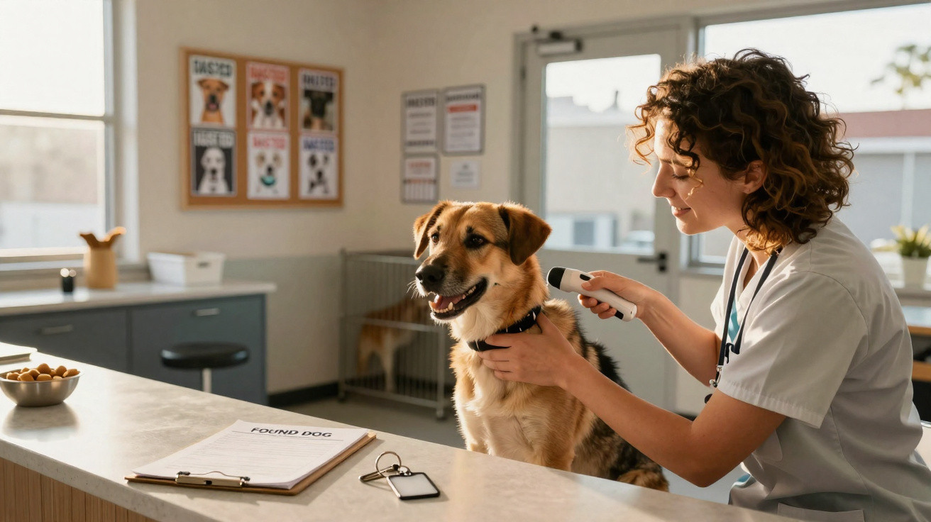 Veterinária escutando cachorro em clínica com luz natural, balcão e cartaz de raças na parede.